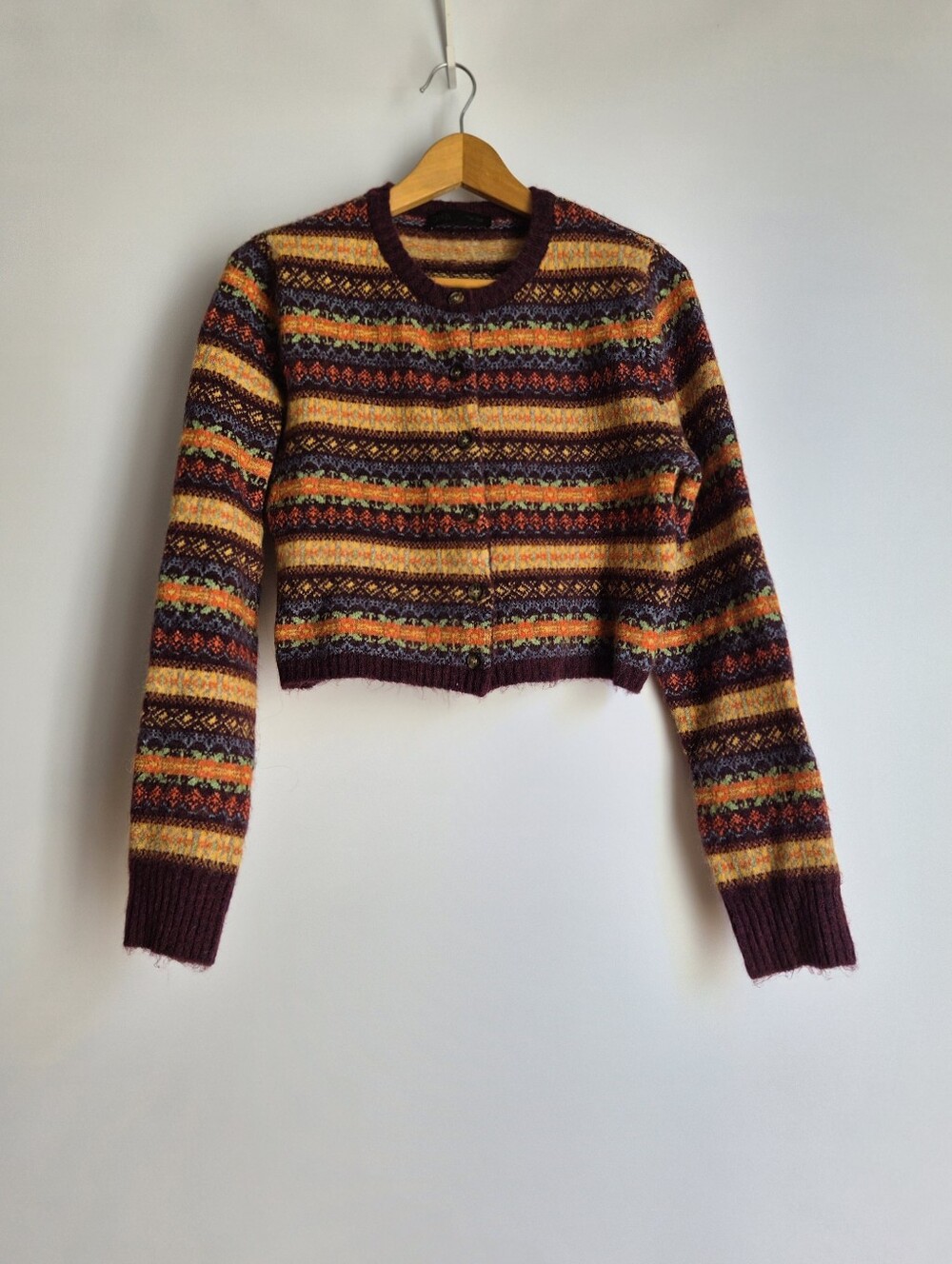 Zara Fair Isle Cropped Wool Blend Cardigan Sweater Size L Whimsigoth Boho Retro - Picture 13 of 13